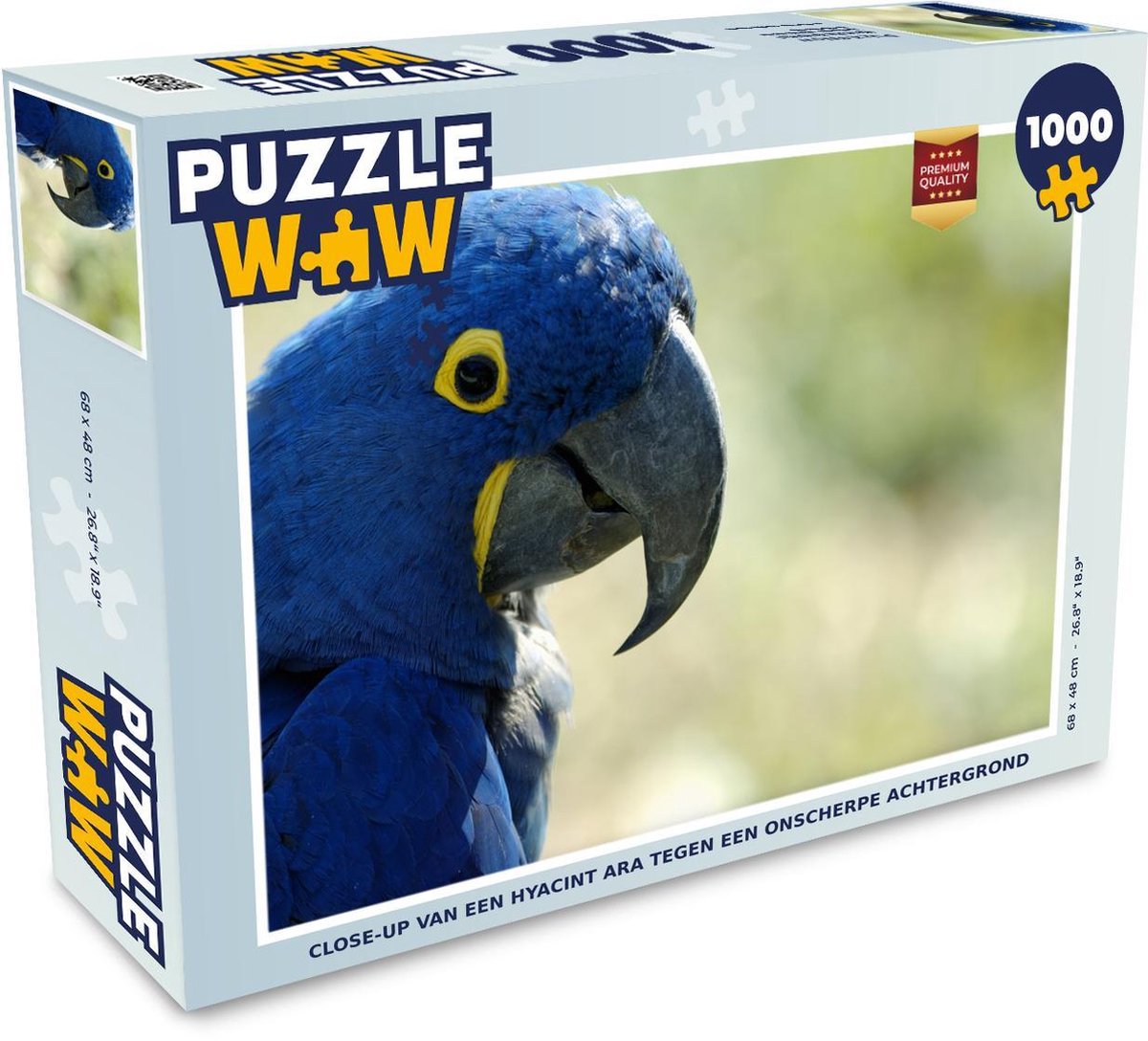 Puzzel 1000 stukjes volwassenen Hyacint ara 1000 stukjes - Close-up van een hyacint ara tegen een onscherpe achtergrond  - PuzzleWow heeft +100000 puzzels
