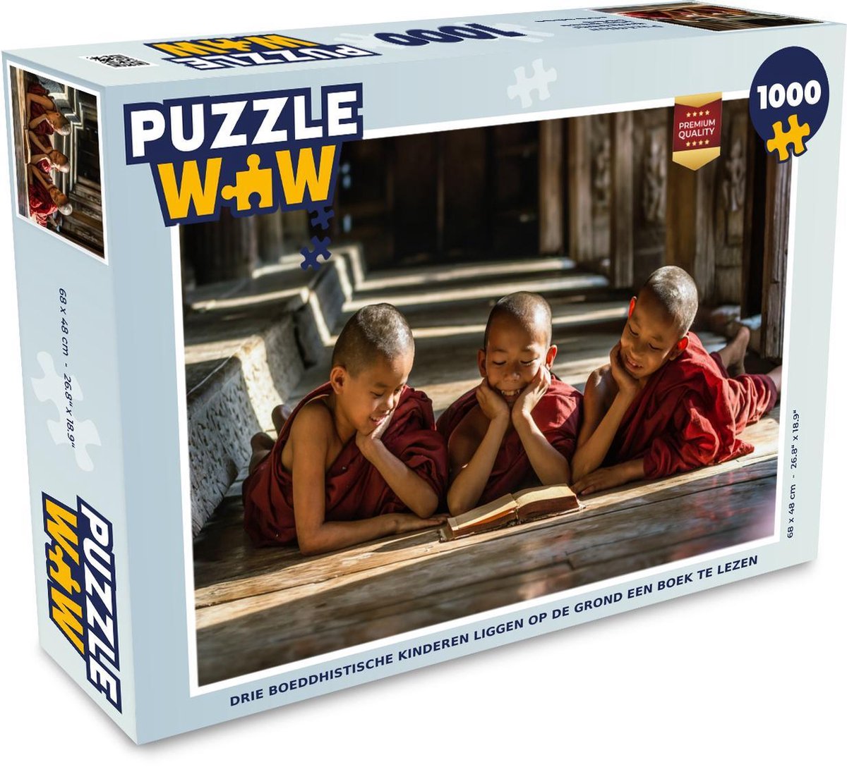 Puzzel Boeddhisme 1000 stukjes - Drie boeddhistische kinderen liggen op de grond een boek te lezen