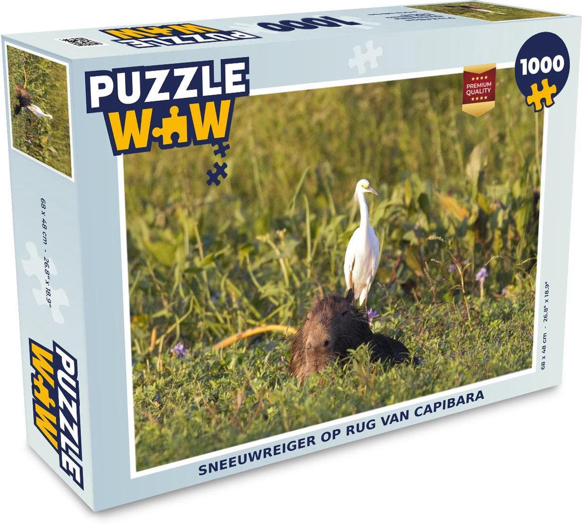 Puzzel 1000 stukjes volwassenen Capybara 1000 stukjes - Sneeuwreiger op rug van capibara  - PuzzleWow heeft +100000 puzzels