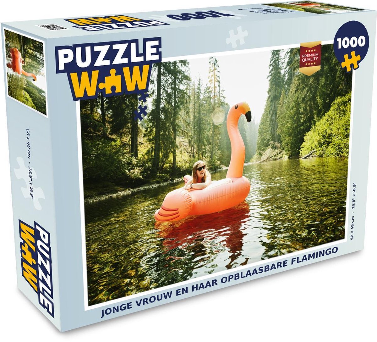 Puzzel 1000 stukjes volwassenen Alleen op de wereld 1000 stukjes - Jonge vrouw en haar opblaasbare flamingo  - PuzzleWow heeft +100000 puzzels