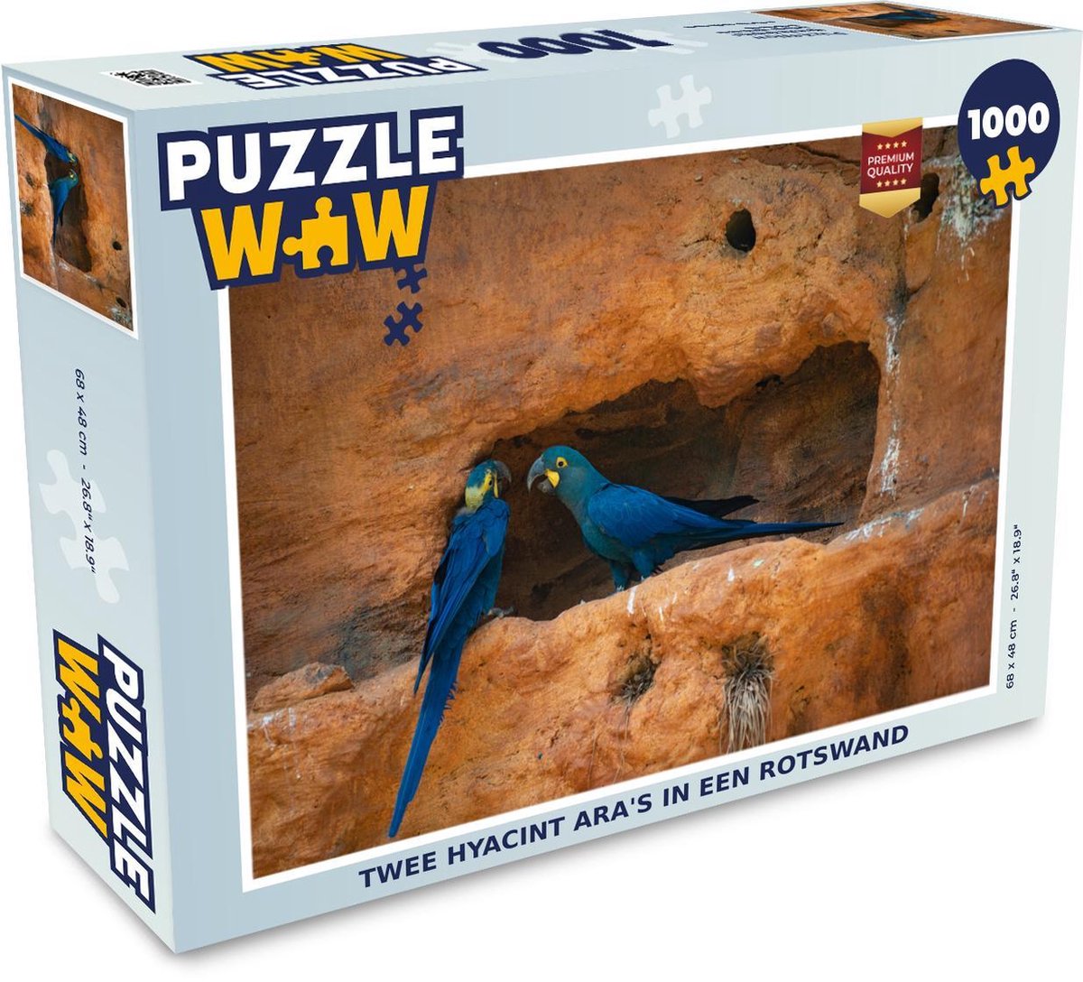 Puzzel 1000 stukjes volwassenen Hyacint ara 1000 stukjes - Twee hyacint ara's in een rotswand  - PuzzleWow heeft +100000 puzzels