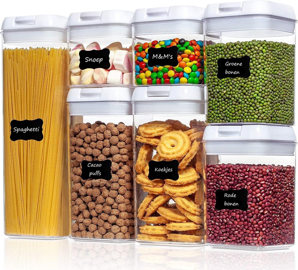 Voorraadpotten incl. Herschrijfbare labels - 7 stuks met Lucht- en Waterdichte Deksels - Wit - De perfecte kitchen essential voor elke keuken