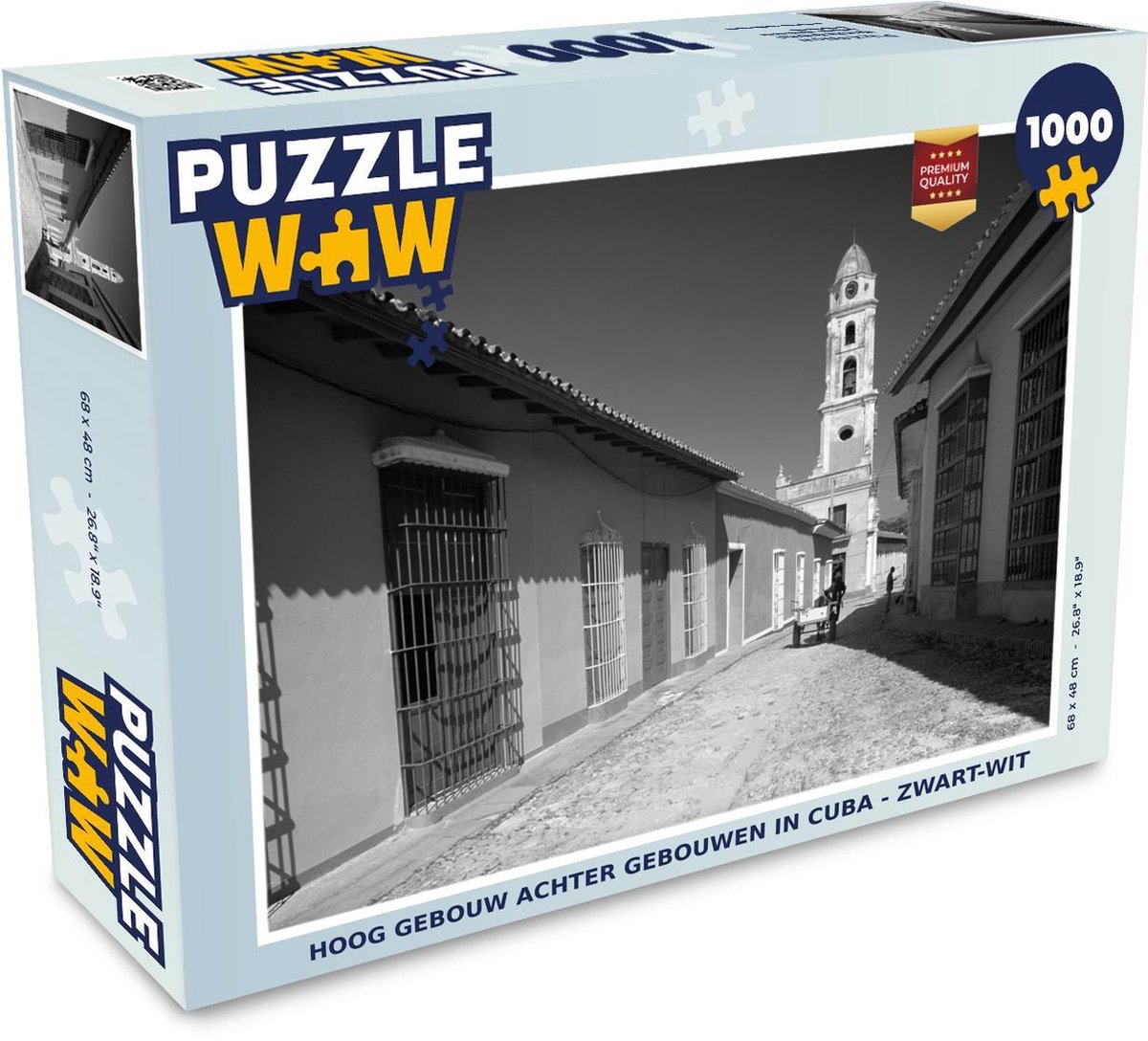 Puzzel 1000 stukjes volwassenen Uitsnede Cuba 1000 stukjes - Hoog gebouw achter gebouwen in Cuba - zwart-wit  - PuzzleWow heeft +100000 puzzels