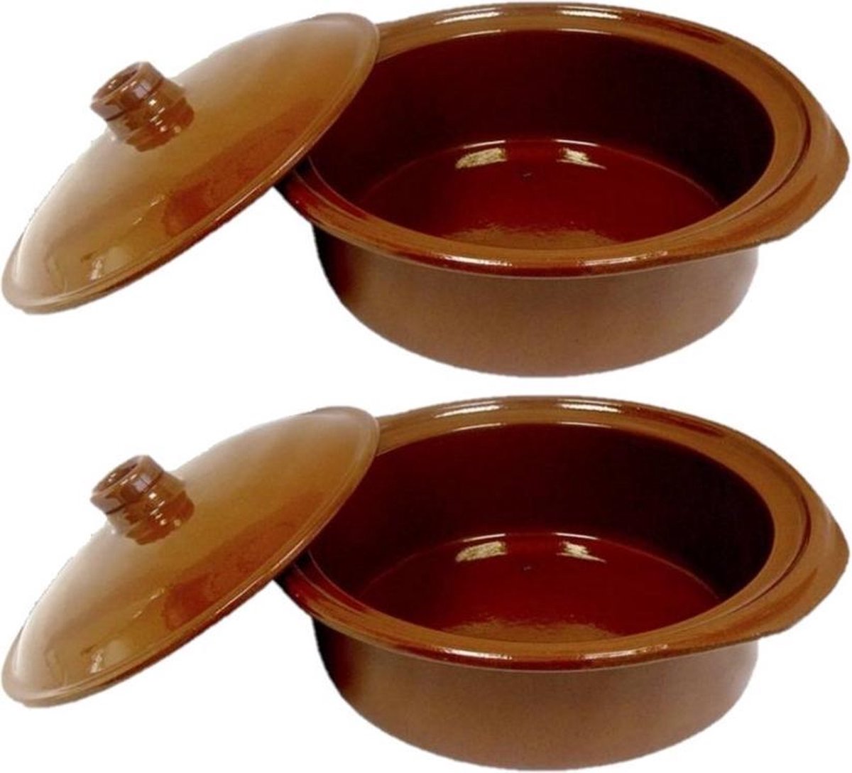 Set van 2x stuks tapas terracotta ovenschalen/stoofpotten cocotte met deksel 28 cm - Braadpannen van steen