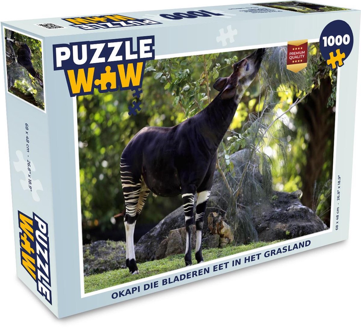 Puzzel 1000 stukjes volwassenen Okapi 1000 stukjes - Okapi die bladeren eet in het grasland  - PuzzleWow heeft +100000 puzzels