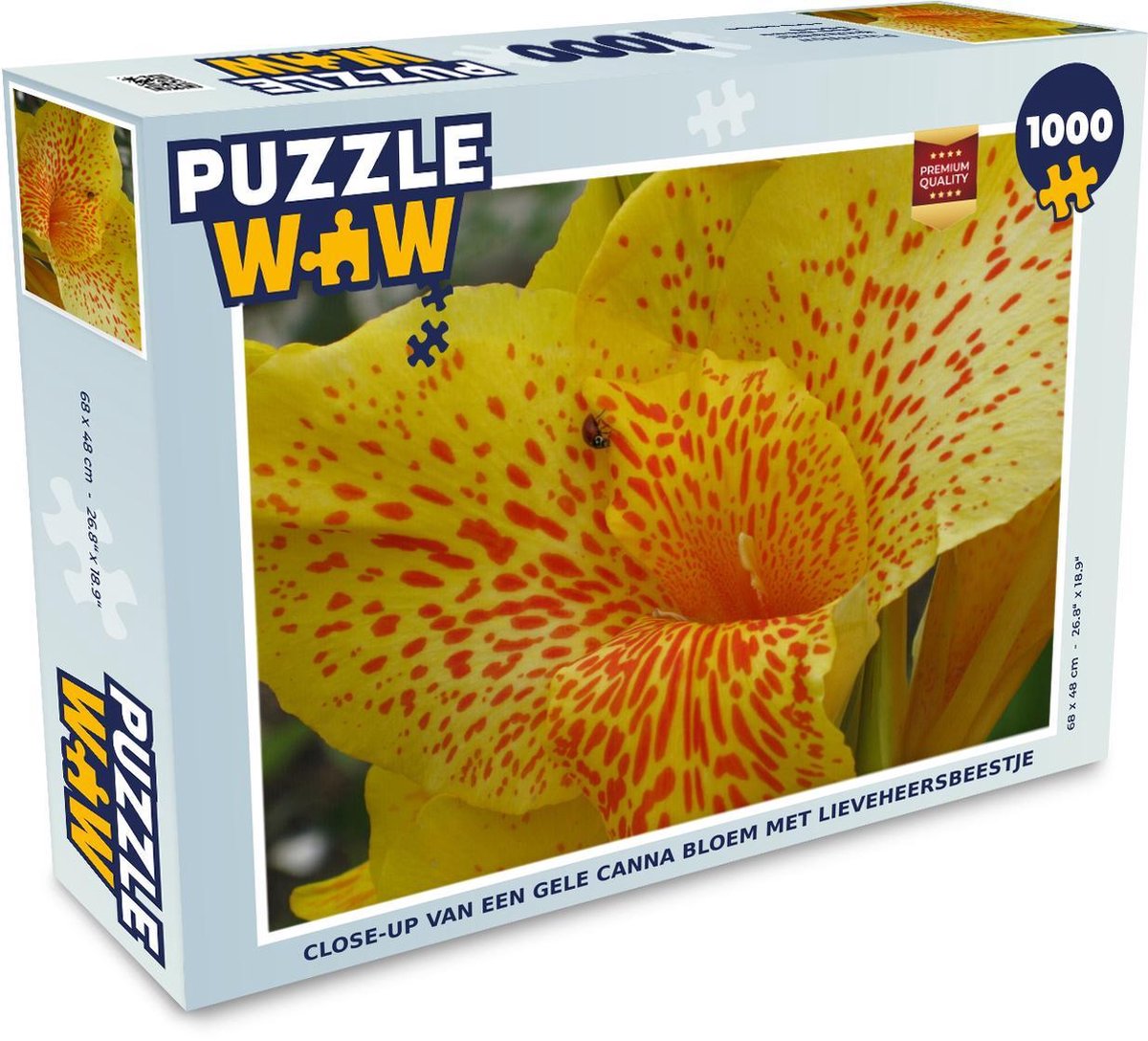 Puzzel 1000 stukjes volwassenen De Canna 1000 stukjes - Close-up van een gele Canna bloem met lieveheersbeestje  - PuzzleWow heeft +100000 puzzels