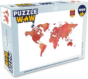 Puzzel 1000 stukjes volwassenen Waterverf wereldkaart 1000 stukjes - Wereldkaart gemaakt van waterverf met rode kleuren op een witte achtergrond puzzel 1000 stukjes  - PuzzleWow heeft +100000 puzzels