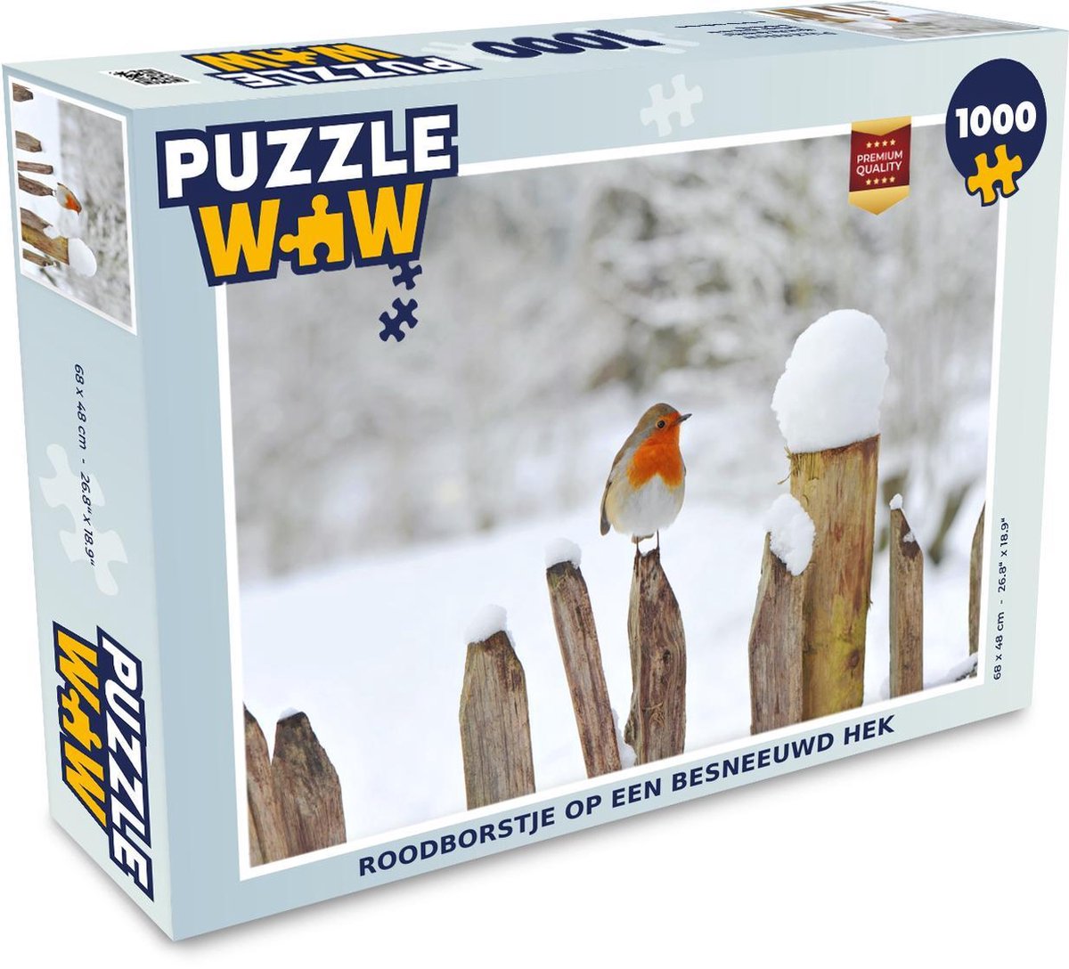 Puzzel 1000 stukjes volwassenen Vogels op hek 1000 stukjes - Roodborstje op een besneeuwd hek puzzel 1000 stukjes  - PuzzleWow heeft +100000 puzzels