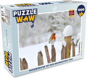 Puzzel 1000 stukjes volwassenen Vogels op hek 1000 stukjes - Roodborstje op een besneeuwd hek puzzel 1000 stukjes  - PuzzleWow heeft +100000 puzzels