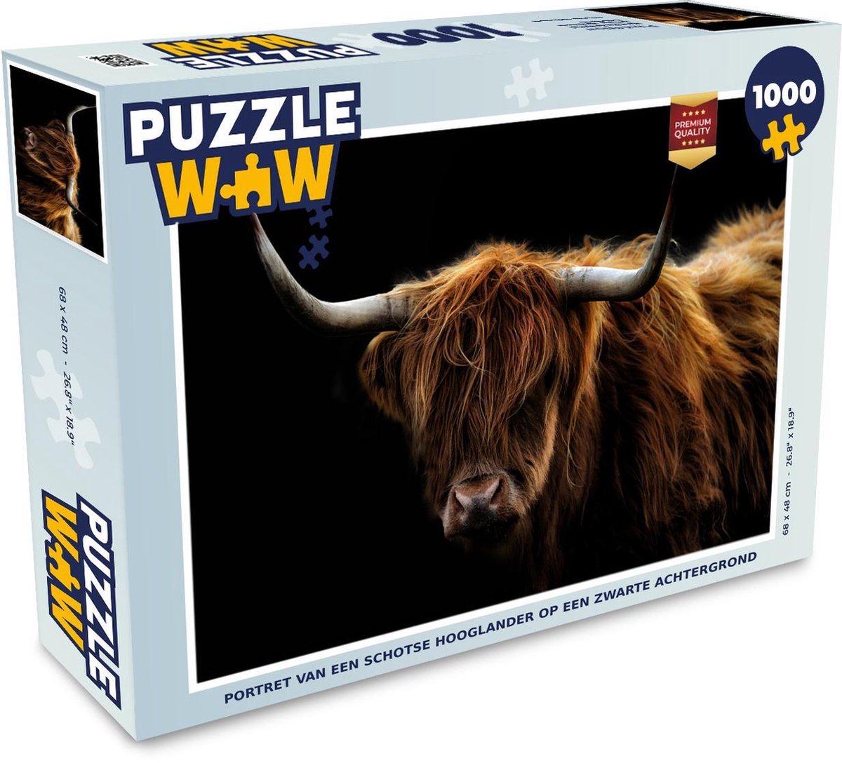 Puzzel 1000 stukjes volwassenen Schotse Hooglanders  1000 stukjes - Portret van een Schotse hooglander op een zwarte achtergrond  - PuzzleWow heeft +100000 puzzels
