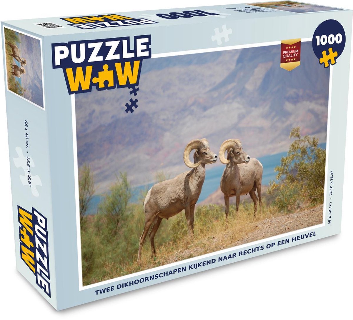 Puzzel 1000 stukjes volwassenen Dikhoornschaap 1000 stukjes - Twee dikhoornschapen kijkend naar rechts op een heuvel  - PuzzleWow heeft +100000 puzzels