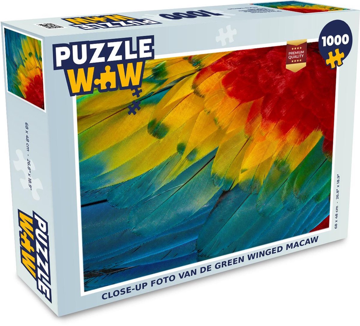 Puzzel 1000 stukjes volwassenen Veren van dichtbij 1000 stukjes - Close-up foto van de Green Winged Macaw puzzel 1000 stukjes  - PuzzleWow heeft +100000 puzzels