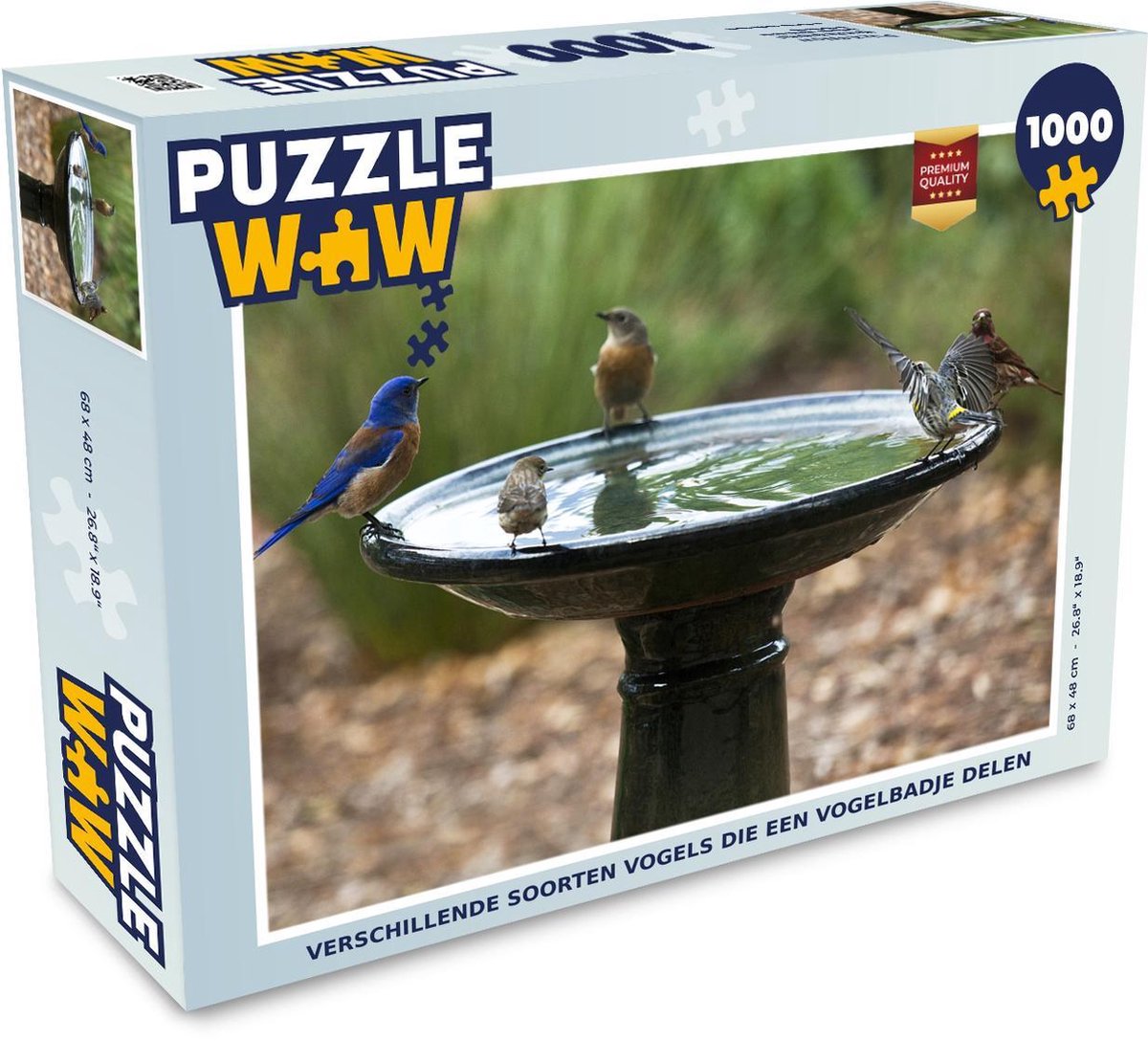 Puzzel 1000 stukjes volwassenen Vogelbadje 1000 stukjes - Verschillende soorten vogels die een vogelbadje delen  - PuzzleWow heeft +100000 puzzels