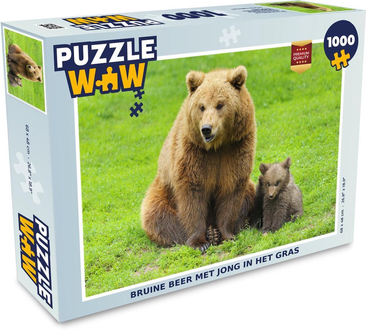 Puzzel 1000 stukjes volwassenen Dierenfamilies 1000 stukjes - Bruine beer met jong in het gras  - PuzzleWow heeft +100000 puzzels