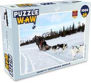 Puzzel 1000 stukjes volwassenen Husky 1000 stukjes - Husky's vervoeren familie  - PuzzleWow heeft +100000 puzzels