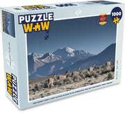 Puzzel 1000 stukjes volwassenen Nationaal park Sajama 1000 stukjes - Een groep lama's loop achter elkaar in de gebergtes van het Nationaal park Sajama  - PuzzleWow heeft +100000 puzzels