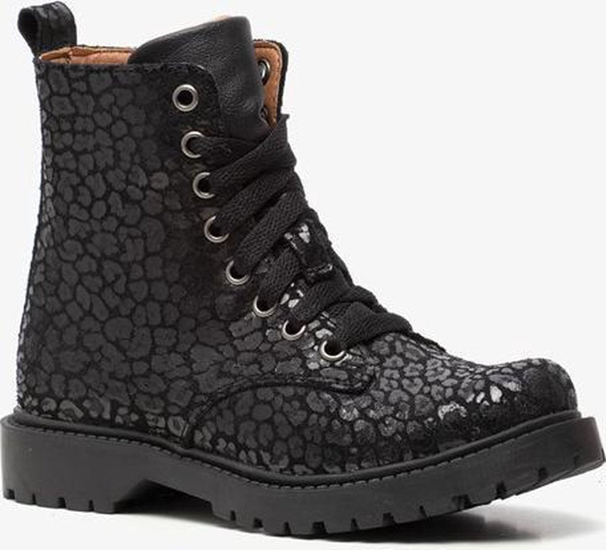 Groot leren meisjes veterboots met luipaardprint - Zwart - Maat 31