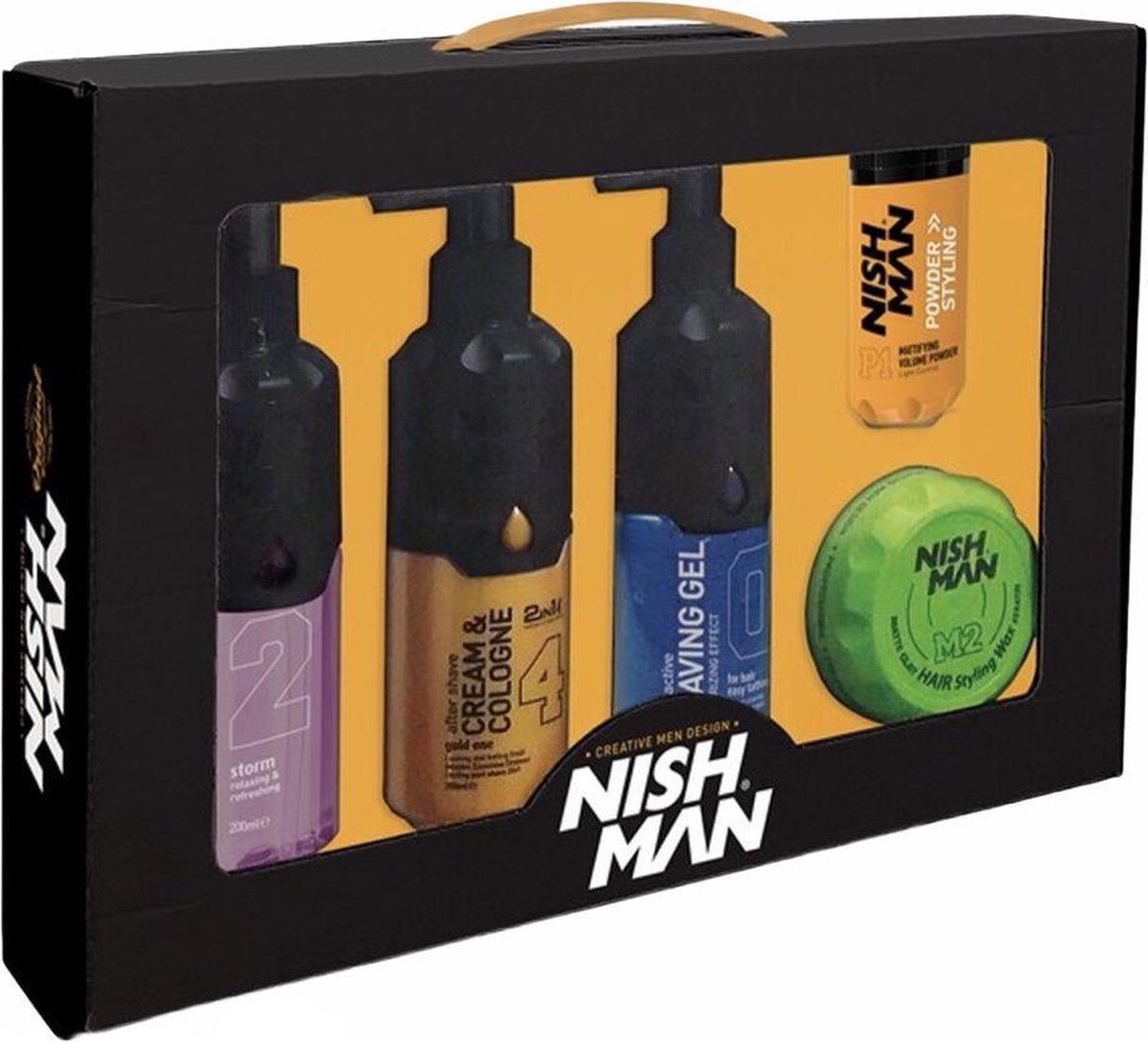 Nishman |Giftset |verjaardagscadeau | Geschenkset | Cadeauset | 5 in Box | Cologne Aftershave Storm | Cream en Cologne Goud | Scheergel | Matte Klei Wax | Volume Poeder