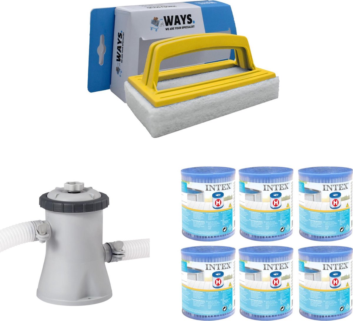 WAYS - Zwembad Onderhoud - Intex Filterpomp 28602GS & 6 Intex Filters Type H & WAYS Handy Scrubborstel