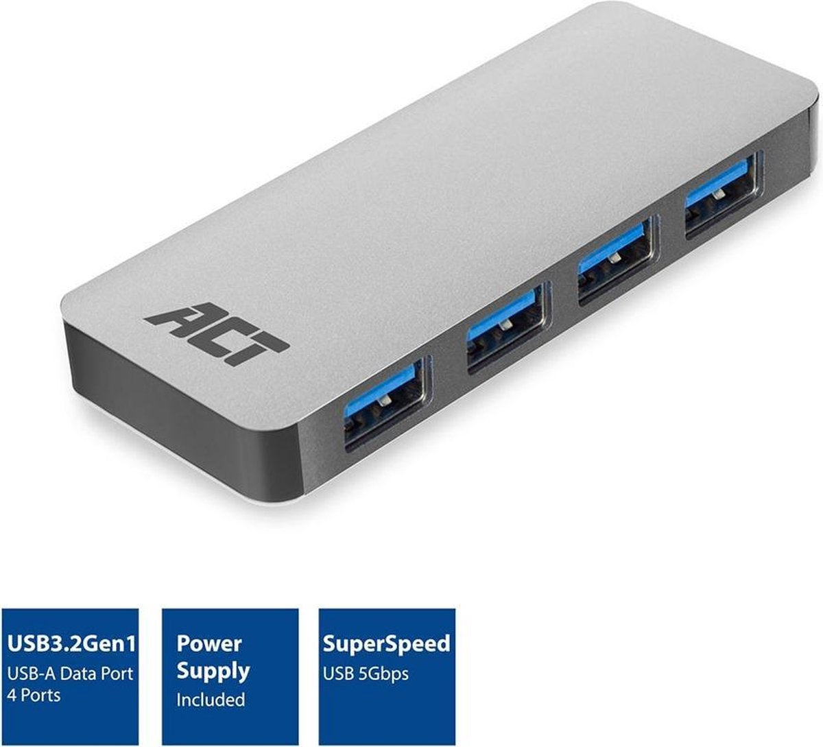 USB Hub met stroomadapter - 4x USB poorten - kabellengte 0.50m - aluminium behuizing - ACT AC6120