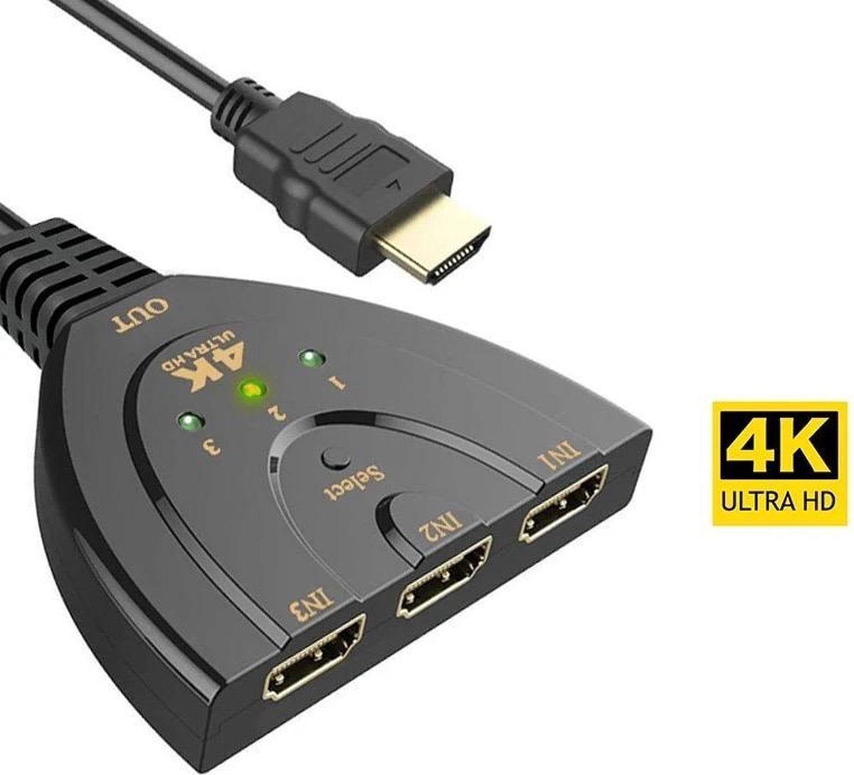 4K HDMI Splitter - 3 in 1 HDMI Uitgang - HDMI Switch - HDMI Verdeler - 1080p - Zwart