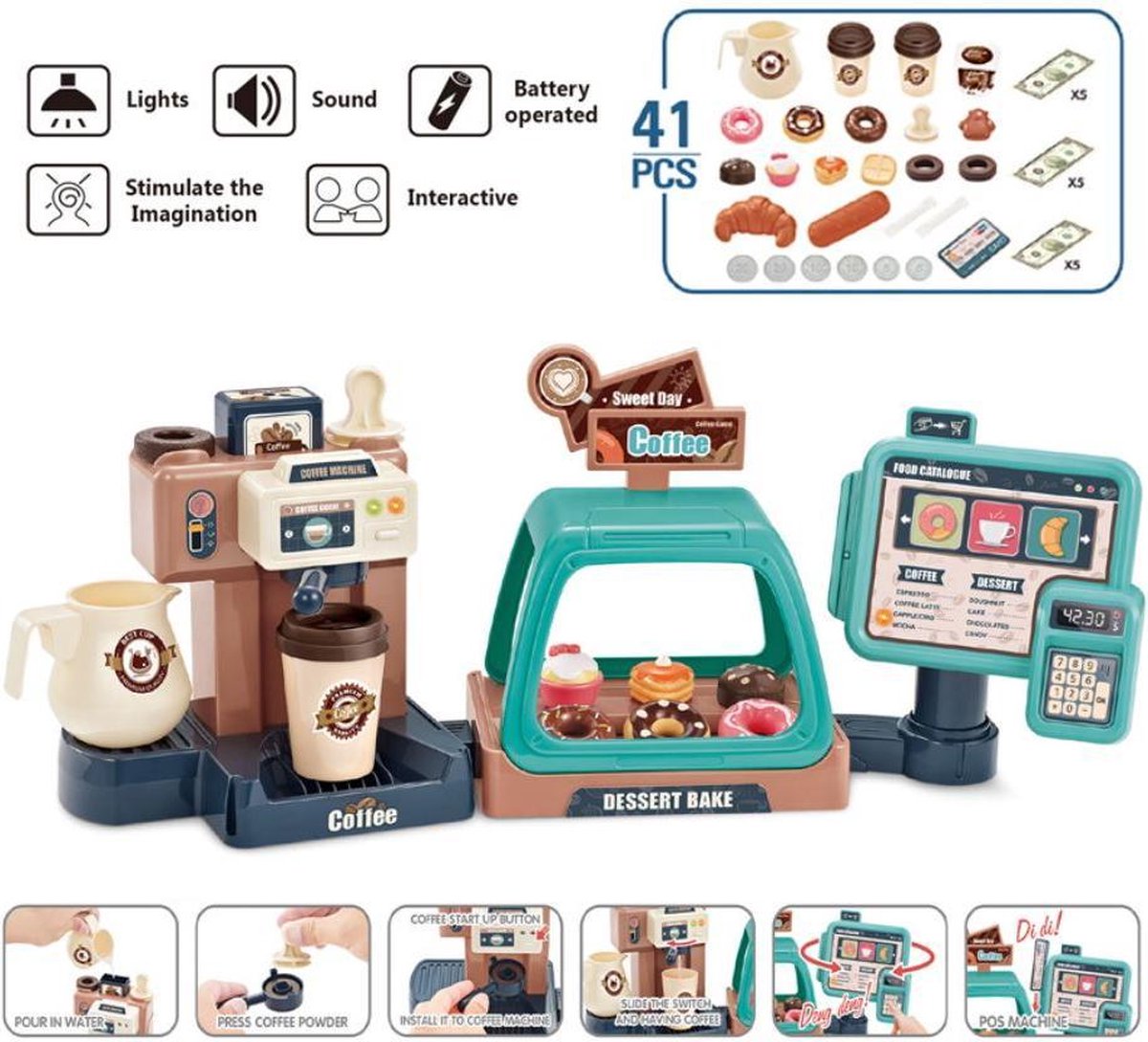 4yourkids - Speelgoed koffiebarset - 41 stuks - koffiemachine -  café en bakkers - Kassa - Coffee Shop - Vroege educatieve ontwikkeling - Rollenspel - Jongen en meisjes - Kinderen - Gift