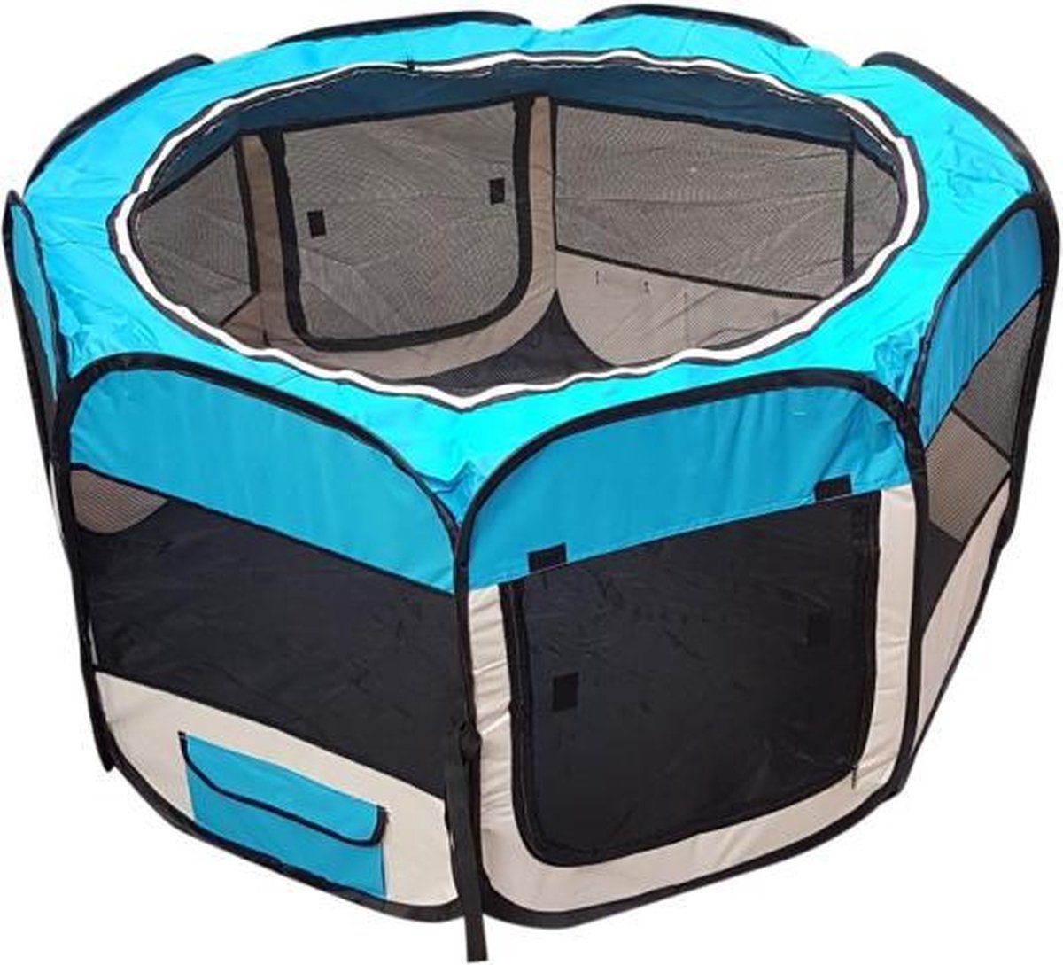 Puppyren Nylon blauw-beige - 8 hoekig  125 x 125 x 64 (LxBxH)