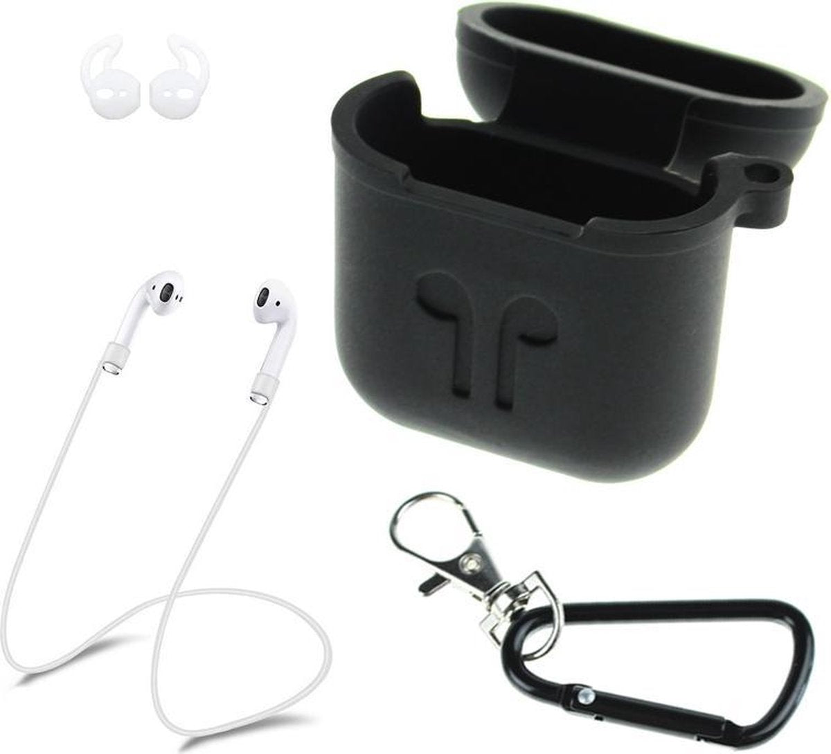 silicone case geschikt for Apple Airpods – 3 in 1 set hoes / strap / earhooks – zwart