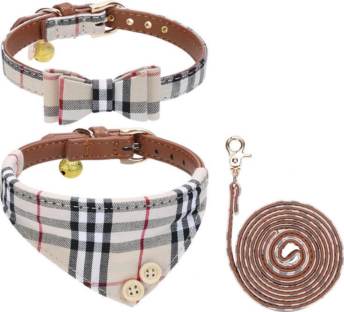 Pepets © Luxe Hondenriem set – Halsband Hond – Bandana Hond – Strik Hond – Hondenstrik – Hondenhalsband – Leiband Hond -Beige Ruit - Maat L