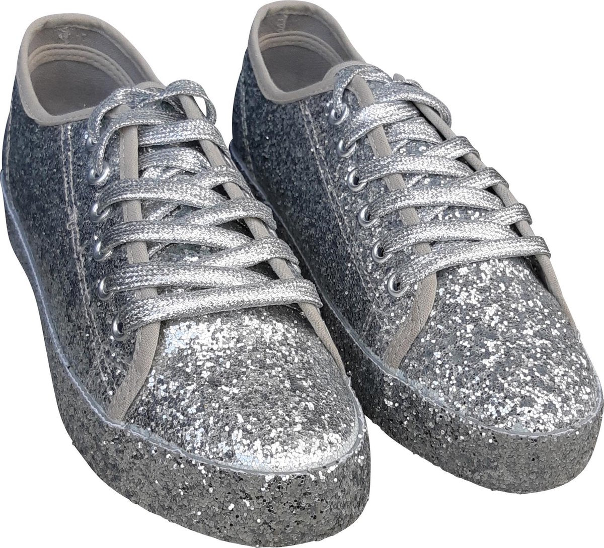 Dames – glitter sneaker - rock ’n roll schoen – gay pride - party shoe - shine schoe – jaren 60 - De Toppers - feest – festival - kerstmis - carnaval – zilver – 37