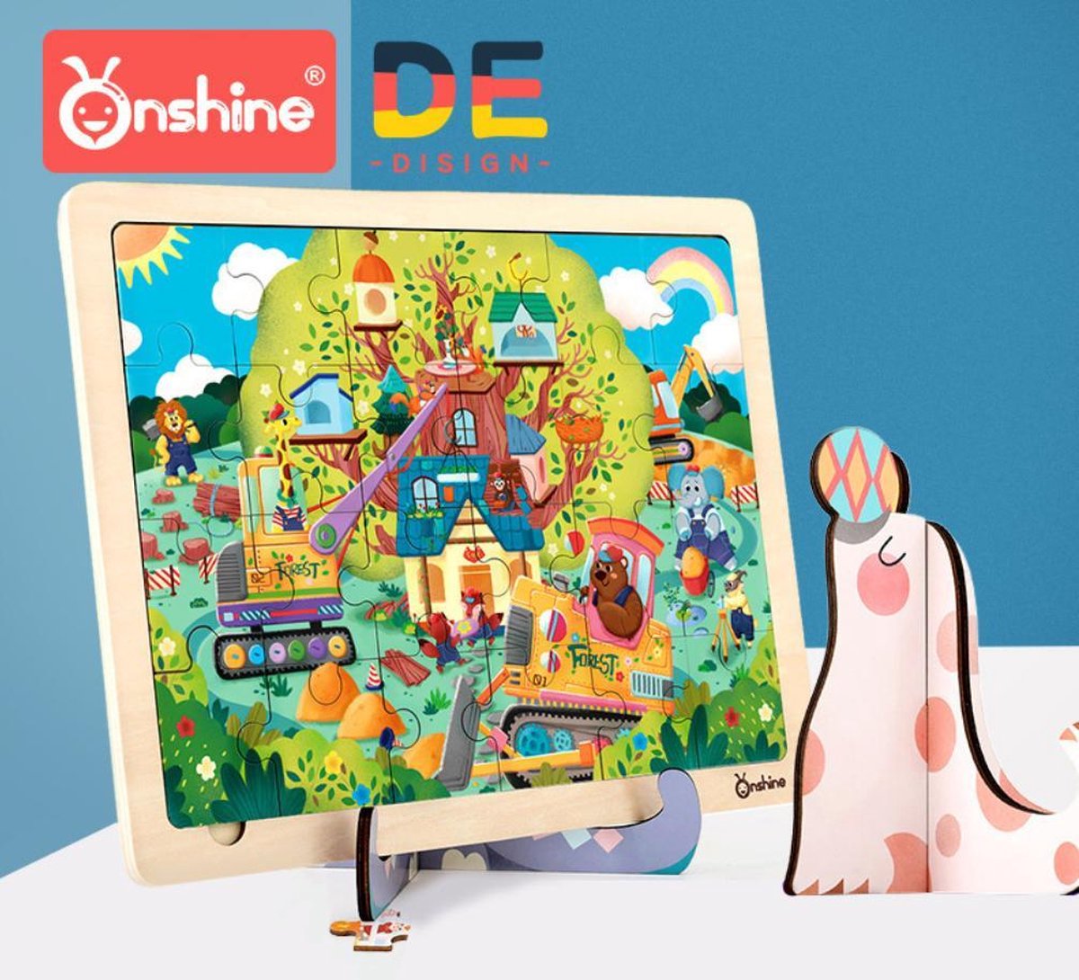 Onshine - 24 stukjes houten puzzel met een leuke standaard  - Motto: Bouwplaats in het bos - kinderpuzzel - educatief speelgoed voor kinderen