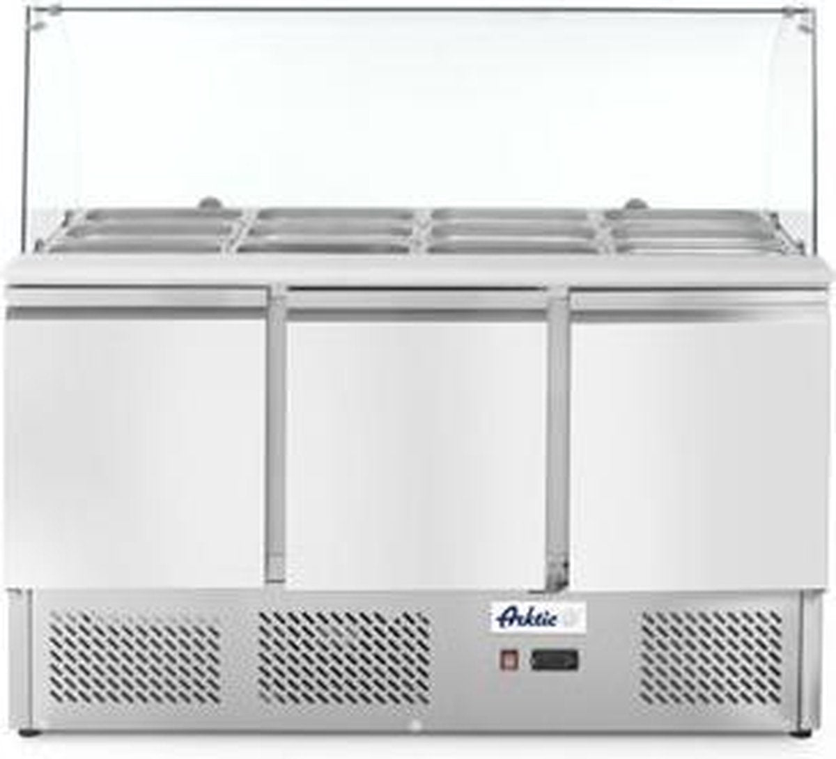 Saladette met 3 deuren en glazen vitrine 380L