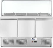 Saladette met 3 deuren en glazen vitrine 380L