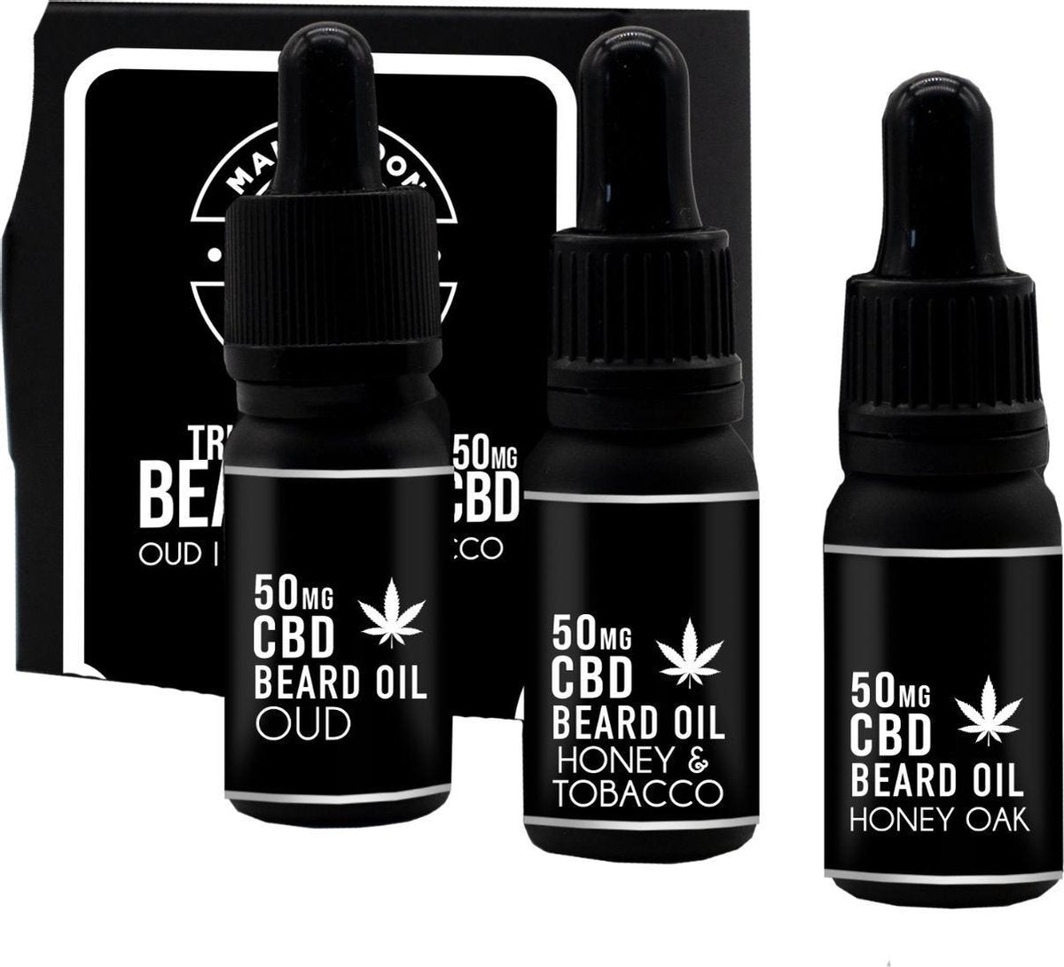 Unieke baardolie 3 stuks met CBD. Speciale gift-set. Heerlijke geuren: Honing/Eik