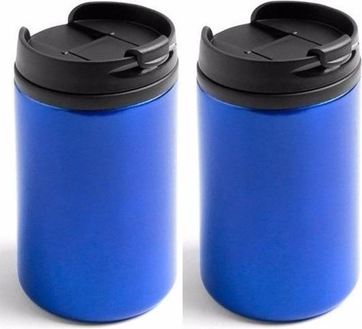 2x Warmhoudbekers/warm houd bekers metallic blauw 320 ml - RVS Isoleerbekers/thermosbekers voor onderweg