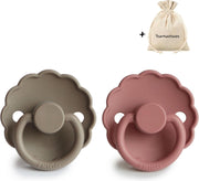 FRIGG | Fopspeen Duo | T1 | 0-6 maanden | Daisy | Silicone | Portobello + Powder Blush | Met YOURMUSTHAVES speenzakje