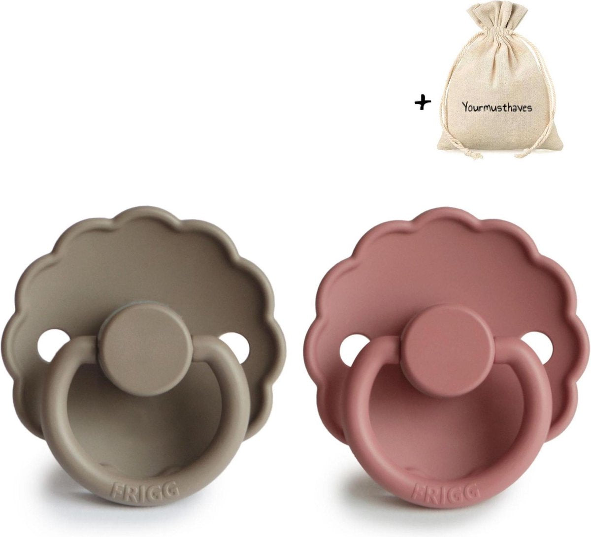 FRIGG | Fopspeen Duo | T2 | 6-18 maanden | Daisy | Silicone | Portobello + Powder Blush | Met YOURMUSTHAVES speenzakje