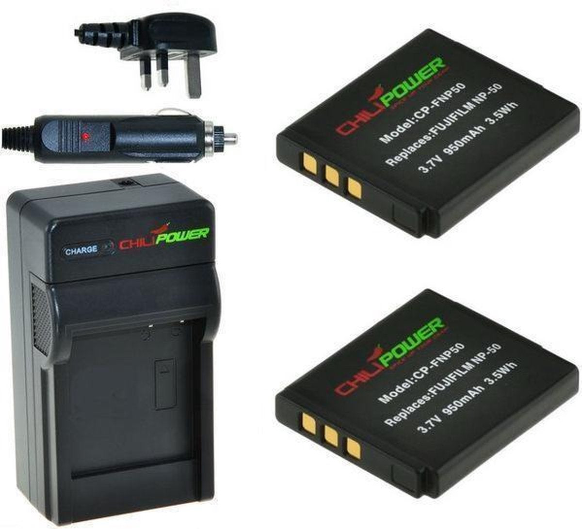 ChiliPower 2 x NP-50 accu's voor Fujifilm - Charger Kit + car-charger - UK versie