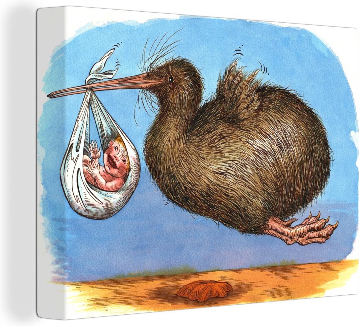 Canvas Schilderijen - Illustratie van een kiwi vogel met een baby in de snavel - 80x60 cm - Wanddecoratie