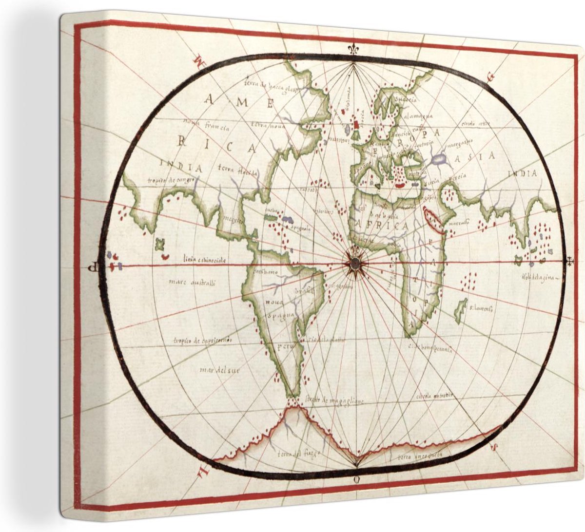 Canvas Schilderijen Wereldkaart - Vintage - Groen - 160x120 cm - Wanddecoratie XXL