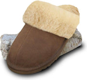 Lederen instap pantoffels dames en heren gevoerd met lamswol maat 36 kleur bruin camel en naturel binnenkant