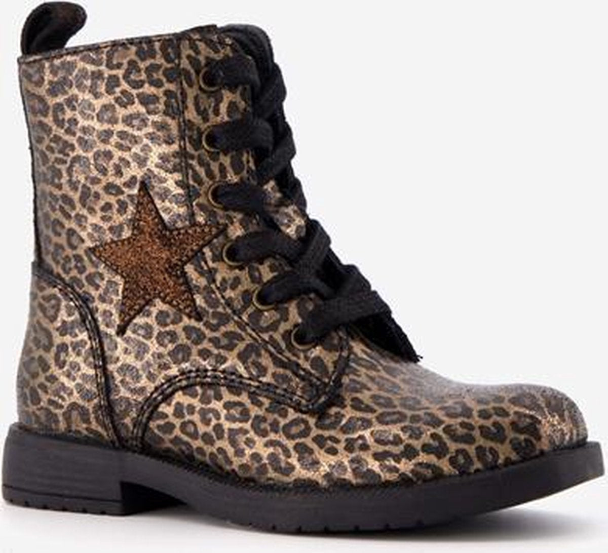 Groot leren meisjes veterboots met luipaardprint - Goud - Maat 28