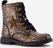 Groot leren meisjes veterboots met luipaardprint - Goud - Maat 28