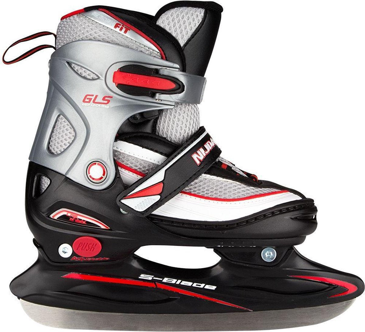 Nijdam IJshockeyschaats Junior Verstelbaar - Semi-Softboot - Zwart/Zilver/Rood - Maat 30-33