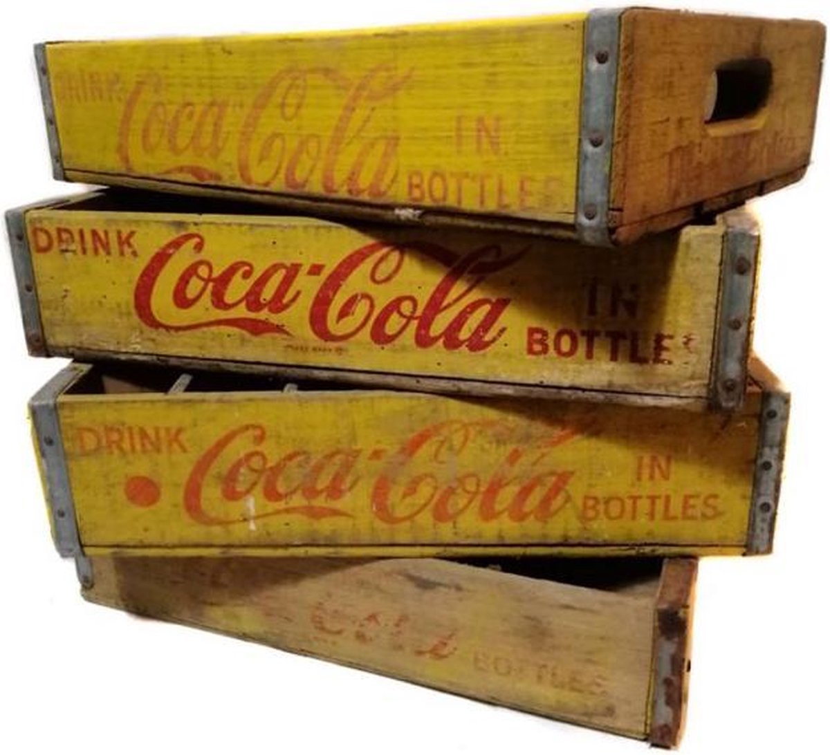 Originele Vintage Houten Coca-Cola Flessenkrat - Geel