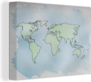 Canvas Moderne wereldkaart waterverf - 40x30 cm - Wanddecoratie