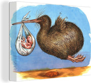Canvas Schilderijen - Illustratie van een kiwi vogel met een baby in de snavel - 120x90 cm - Wanddecoratie