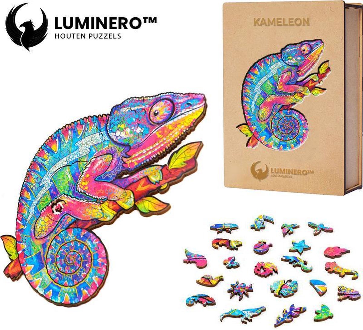 Luminero™  Houten Kameleon Jigsaw Puzzel - A5 Formaat Jigsaw - Unieke 3D Puzzels - Huisdecoratie - Wooden Puzzle - Volwassenen & Kinderen - Incl. Houten Doos