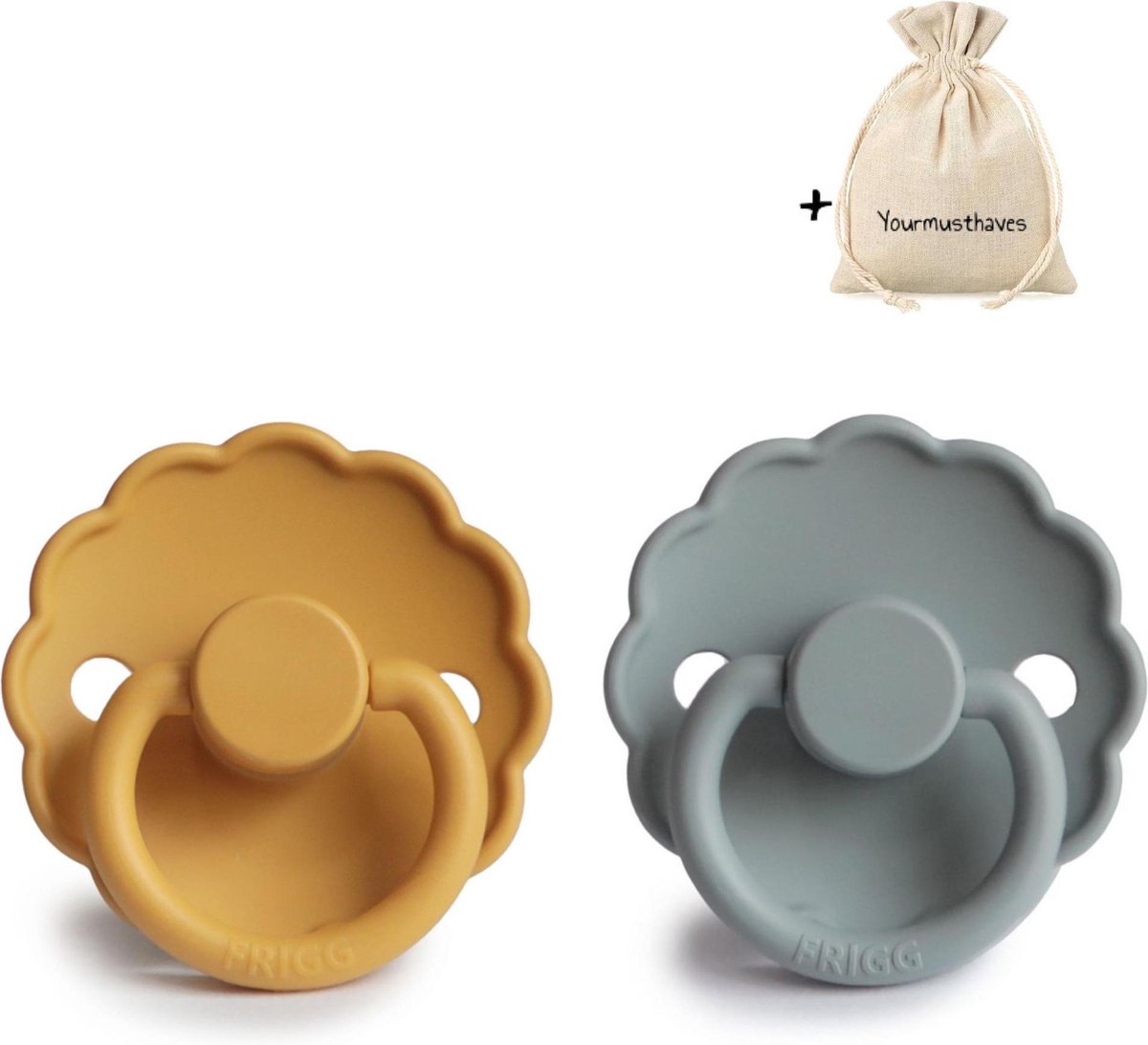 FRIGG | Fopspeen Duo | T1 | 0-6 maanden | Daisy | Natuurrubber | Honey Gold + French Gray | Met YOURMUSTHAVES speenzakje