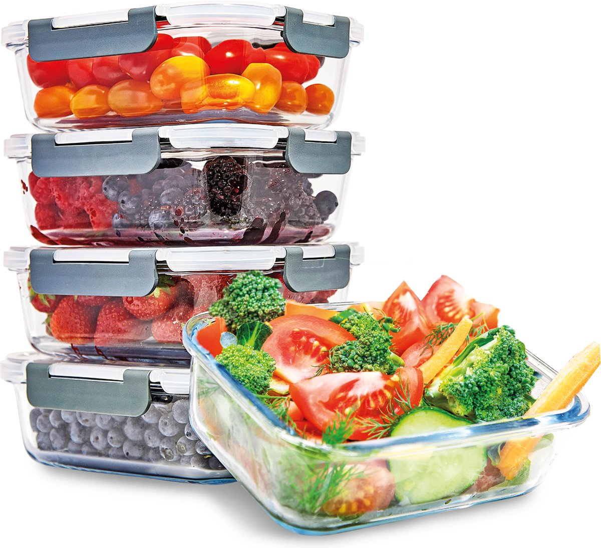 KitchenBrothers Meal Prep Bakjes - 5 Stuks - Luchtdichte Deksel - BPA vrij - 1 Liter - Glas